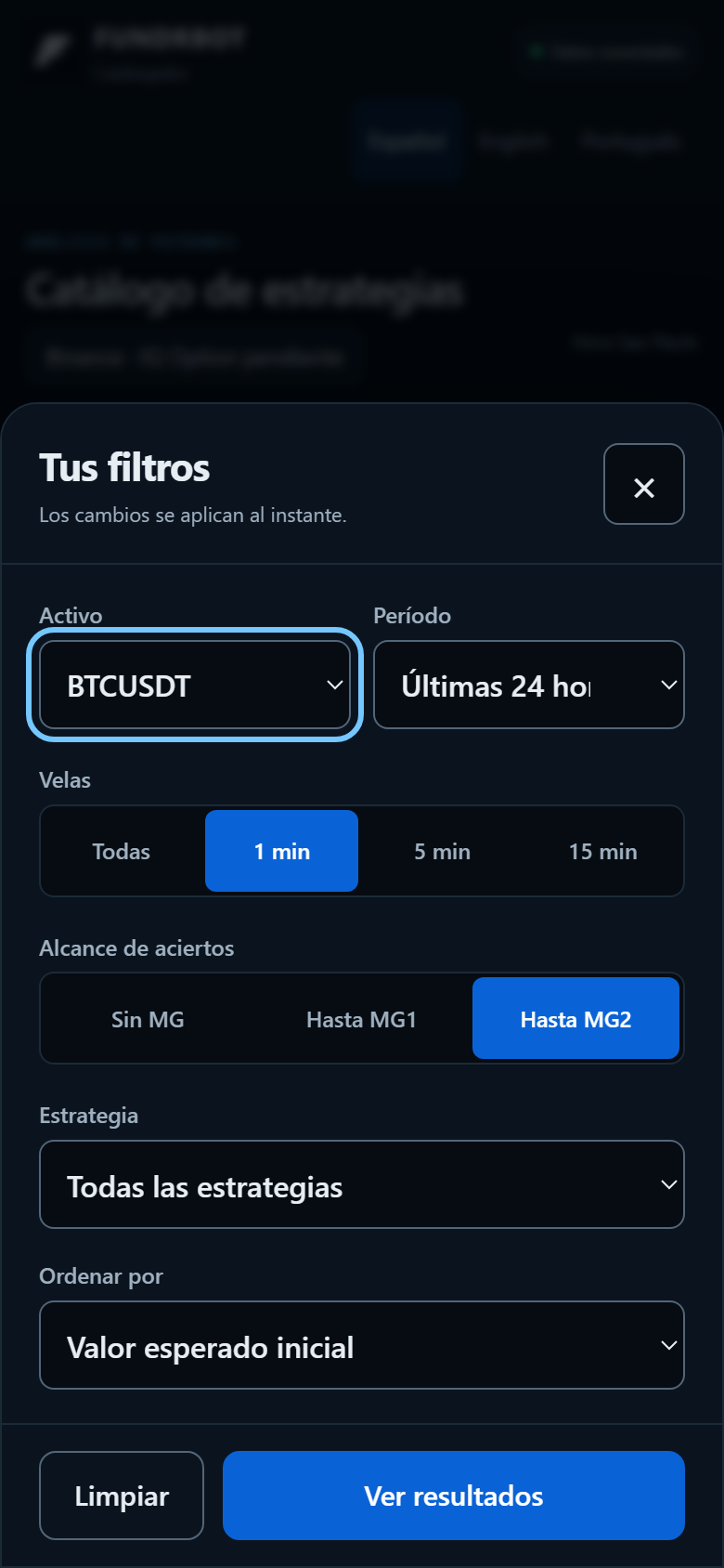 Panel inferior de filtros móviles con activo, velas, MG y período