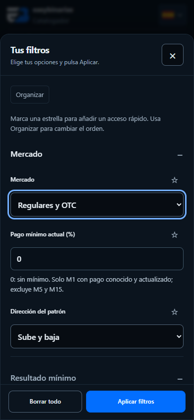 Filtros móviles actuales de EasyBinarias con favoritos y organización
